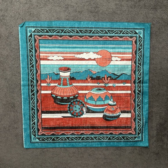 VTG Native Southwestern Native Pottery Bandana Handkerchief Teal Tribal Desert - Picture 7 of 7